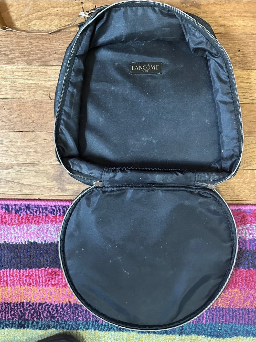Lancome Black Round Textured Cosmetic Case with Gold Plate